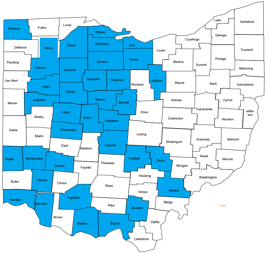 Fellowship counties are in blue.